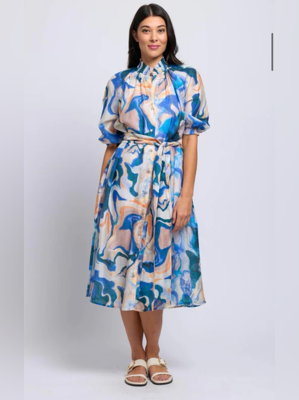FOIL Midi Dress Women’s Size 8 Bliss Watercolors Smocked Billowy High Neck Blue